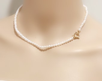 3.5-4mm small seed pearl toggle necklace,white freshwater pearl toggle clasp necklace,silver heart shape OT clasp necklace
