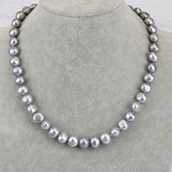 Collar de perlas grises, collar de perlas barrocas gris plata de 10 mm, pulsera de perlas irregulares, pulsera de perlas grises, pulsera de dama de honor, regalo de Navidad