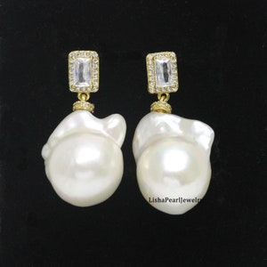 White baroque pearl earrings,large baroque pearl earrings,sterling silver dangle CZ earrings