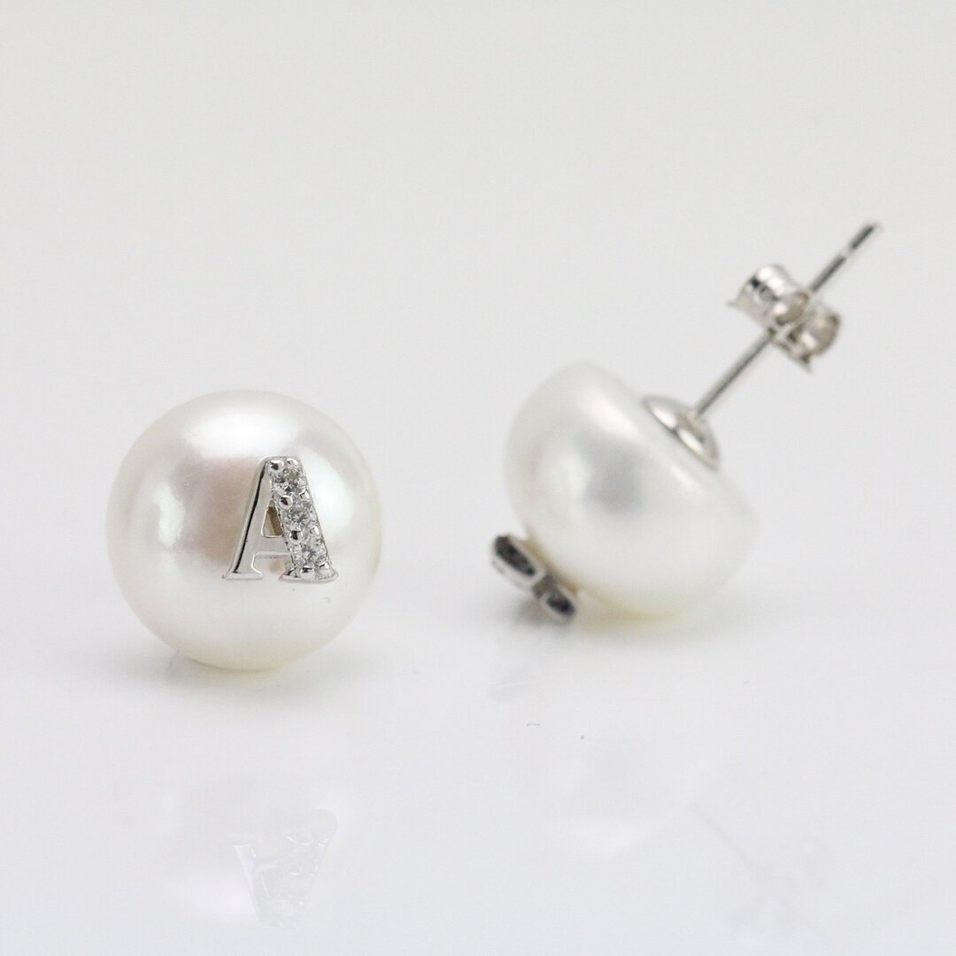 Initial Stud Earrings Pearl,initial Letter Pearl Earrings,10mm Cultured