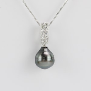 8-9mm natural peacock black color tahitian pearl pendant necklace,south sea pearl necklace,drop pearl necklace sterling silver with cz stone
