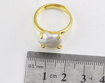 13-14mm White Keshi Pearl Ring,yellow Gold Plated Sterling