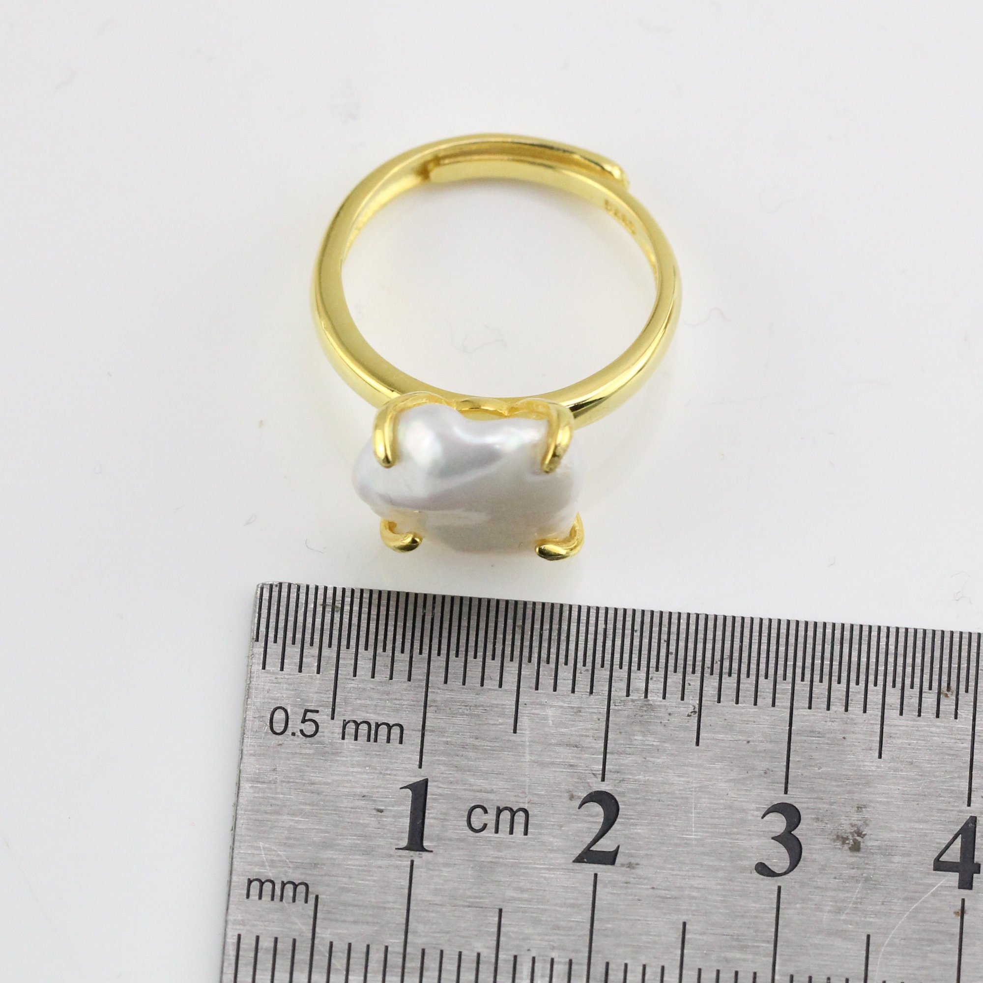 Skinny Pearl Ring 13号 13-14mm White Keshi Pearl Ring,yellow Gold Plated Sterling