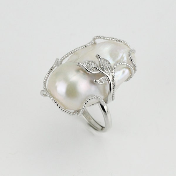 Large baroque pearl ring,nucleated freshwater flamballpearl ring,big size fireball pearl ring,silver flower adjustable ring special gift