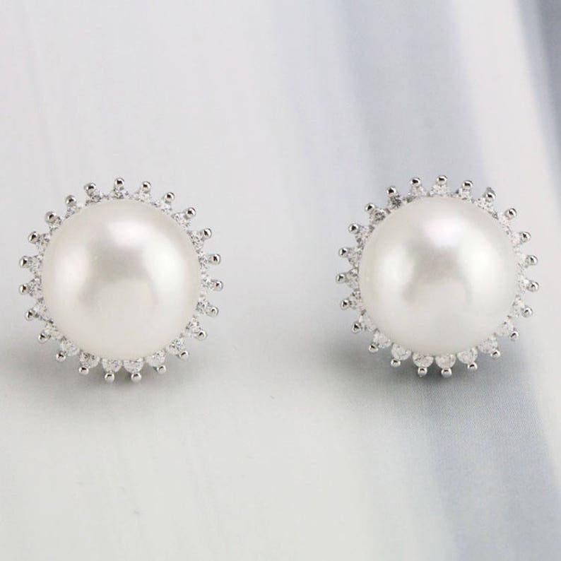 bridal pearl earings,crystal bridal earrings wedding,flower pearl stud earings wedding,rhinestone and pearl earrings,pearl earing silver image 3