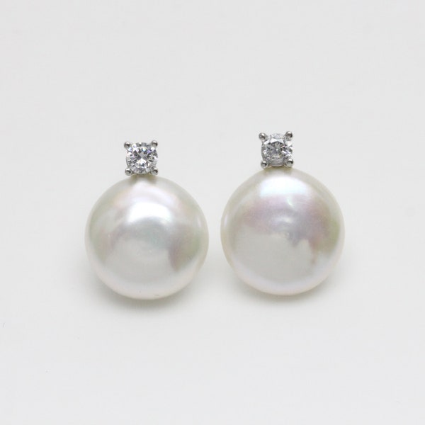 12-13mm ivory white coin pearl earring studs,coin pearl stud earrings,sterling silver CZ stone stud earring,bridesmaid earrings,special gift