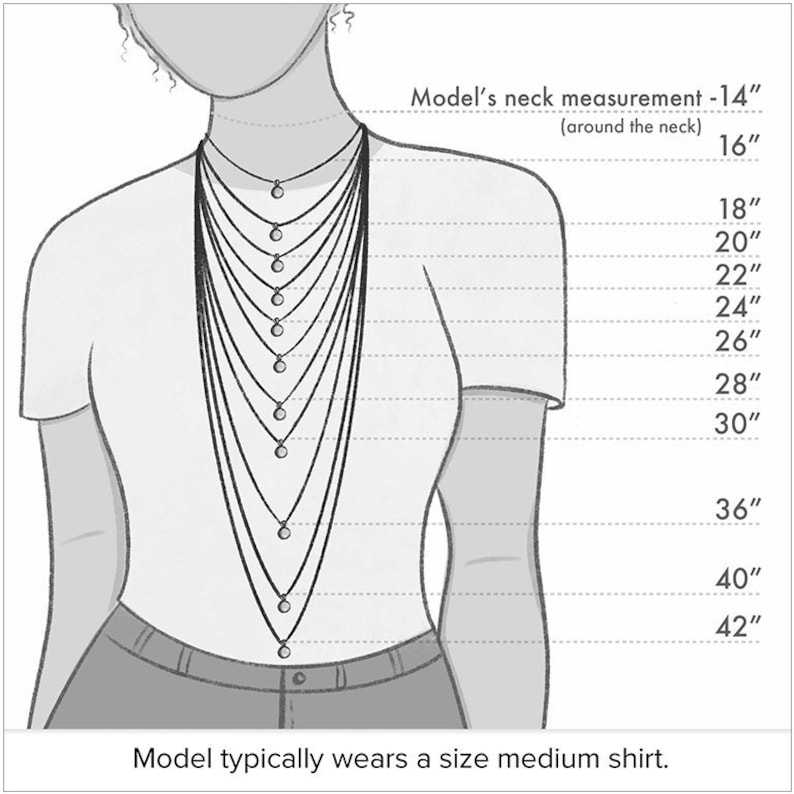 May include: Illustration of a person wearing a white shirt, showcasing necklace lengths from 16" to 42". The model's neck measures 14" around. Text indicates the model typically wears a size medium shirt. The image is in black and white.