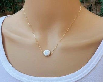 11-12mm coin pearl floating necklace,white freshwater pearl necklace,single pearl necklace,one pearl necklace