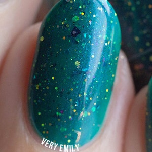 Starling - 5 ml mini - forest green jelly with blue shimmer, holo microglitter, and ultrachrome flakies - indie polish by ALIQUID Lacquer