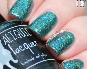 Hidden City - 5 ml mini - forest green linear holographic with gold, copper and bronze flecks - indie polish by ALIQUID Lacquer