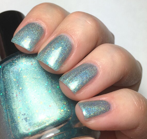 Con-grad-ulations 15 ml aqua linear holographic with gold flakies and  iridescent glitter indie polish by ALIQUID Lacquer