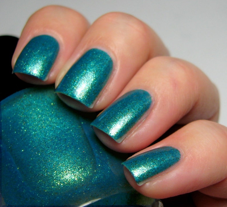 Neptunalia 5 ml mini cerulean polish with gold-green-blue shifting shimmer and copper flecks indie polish by ALIQUID Lacquer image 2