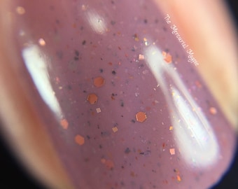 Compitalia - 5 ml mini - muted orchid pink with copper and green microglitter and black and copper flecks - indie polish by ALIQUID Lacquer