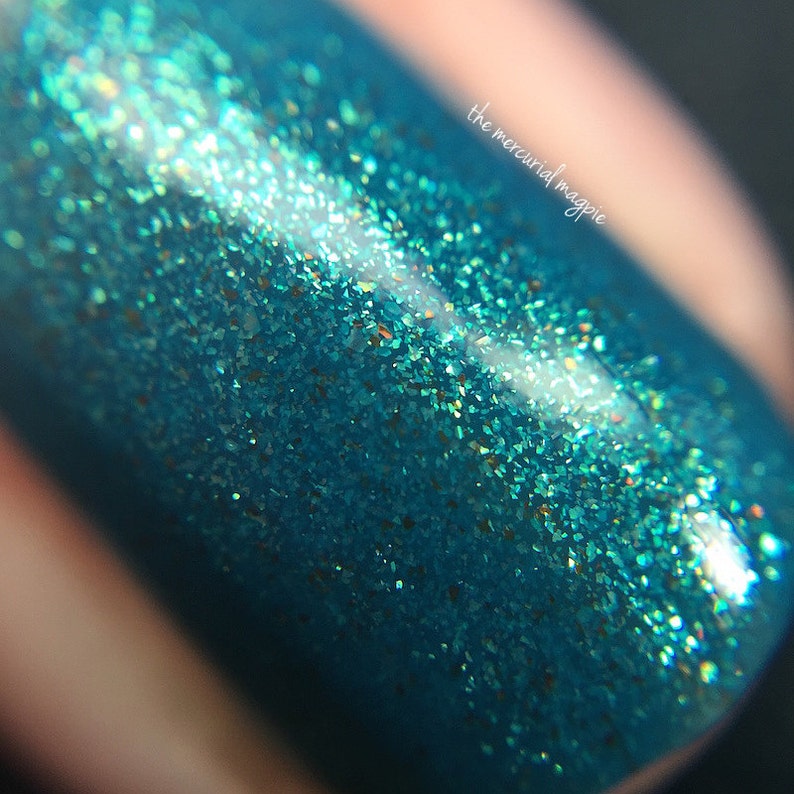 Neptunalia 5 ml mini cerulean polish with gold-green-blue shifting shimmer and copper flecks indie polish by ALIQUID Lacquer image 1