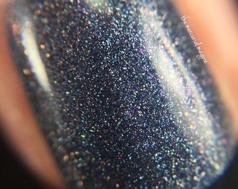 Libitina - 5 ml mini - dark indigo scattered holographic with purple and gold sparks - indie polish by ALIQUID Lacquer