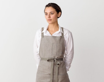 Cross back apron for women, men | Tan-Beige Canvas, Tan Straps, with pockets | For chefs, bakers, and kitchens | Hand-loomed | Professional