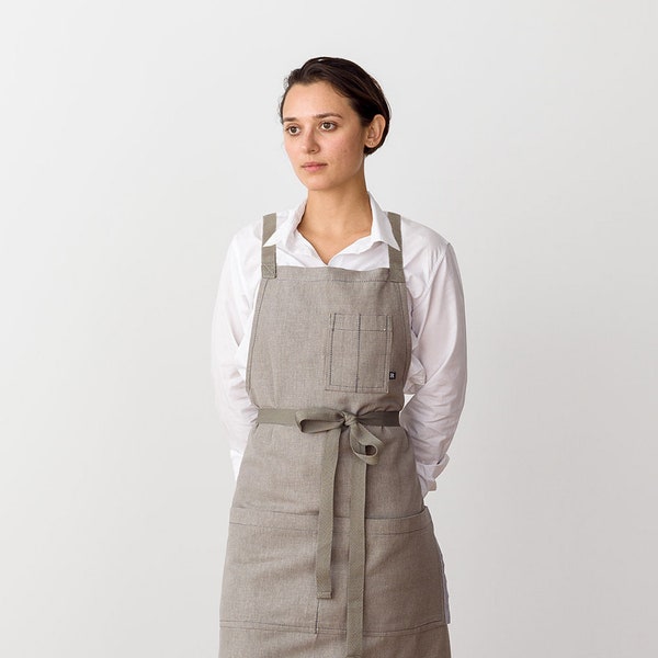 Cross back apron for women, men | Tan-Beige Canvas, Tan Straps, with pockets | For chefs, bakers, and kitchens | Hand-loomed | Professional