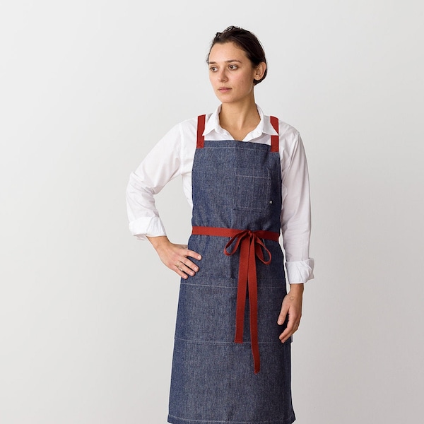 Cross Back Blue Denim Apron with Red Straps | Chefs, kitchen, baking, restaurant | Women or Men | Hand-loomed | pockets | adjustable