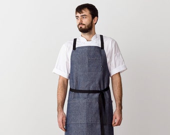 Cross back blue denim chef apron | Black Straps | For men, women, kitchen, baking, BBQ | Hand-loomed cotton canvas with pockets | Adjustable