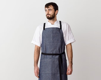 Cross back blue denim chef apron | Black Straps | For men, women, kitchen, baking, BBQ | Hand-loomed cotton canvas with pockets | Adjustable