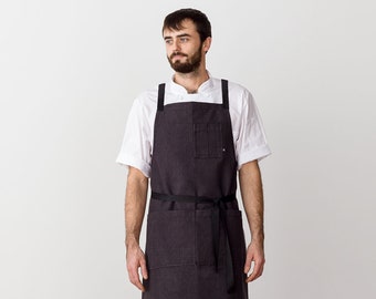 Cross back chef apron for men and women | Charcoal Black canvas with Black Straps | Baking, bbq, kitchen | Restaurant, professional | Gift