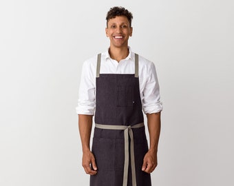 Cross back chef apron for men and women | Charcoal Black canvas w/Tan Straps | Baking, bbq, kitchen | Restaurant, professional, hand-loomed