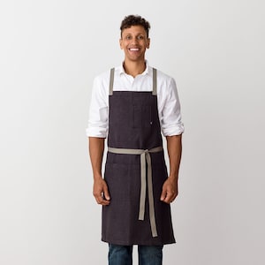 Cross back chef apron for men and women | Charcoal Black canvas w/Tan Straps | Baking, bbq, kitchen | Restaurant, professional, hand-loomed