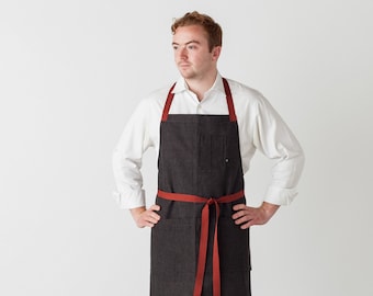 Crossback chef apron for men & women | Charcoal Black canvas with Red Straps | Baking, bbq, kitchen | Restaurant, professional, hand-loomed