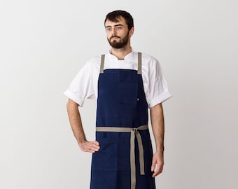 Cross back chef apron for men, women | Navy blue cotton canvas with Tan Straps | For kitchen, baking, bbq | With pockets | Plus sizes too