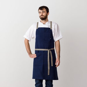 Cross back chef apron for men, women | Navy blue cotton canvas with Tan Straps | For kitchen, baking, bbq | With pockets | Plus sizes too