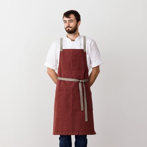 Cross back kitchen apron for men | Maroon canvas with Tan Straps and pockets | For chefs, baking, bbq | Men, women | Plus sizes | Great gift