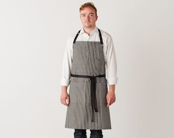 Chef Apron with Pockets | Charcoal Black with Railroad Stripes | Hand Loomed | 100% Cotton | Men, Women | Kitchen, Restaurant, Professional