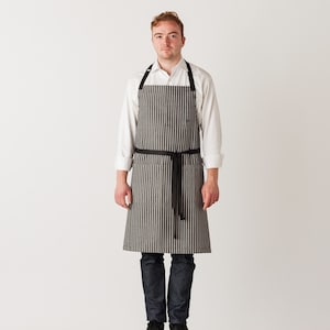 Chef Apron with Pockets | Charcoal Black with Railroad Stripes | Hand Loomed | 100% Cotton | Men, Women | Kitchen, Restaurant, Professional