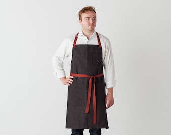 Chef Apron with Pockets | Charcoal Black with Red Straps | Hand Loomed | 100% Cotton | Men, Women | Kitchen, Restaurant, Professional