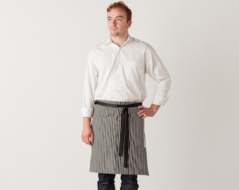 Charcoal Black w/Railroad Stripe | server half apron | Bistro restaurant waist style | waitress waiters | Women, Men | Canvas | Professional