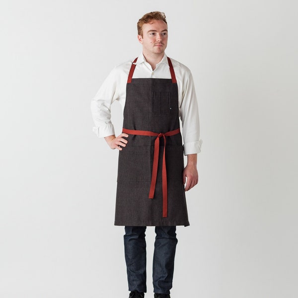 Chef Apron with Pockets | Charcoal Black with Red Straps | Hand Loomed | 100% Cotton | Men, Women | Kitchen, Restaurant, Professional