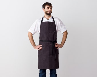 Chef apron for men, women with pockets | Charcoal Black w/Black Straps | Kitchen, baking, BBQ | Hand-loomed canvas | Many sizes | Adjustable