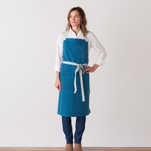 Tablier de chef pour femme, homme | Bleu bord de mer avec sangles Ice Straps | Boulangeries, baristas | Coton | Couleur vive | Toile tissée à la main | Professionnelle