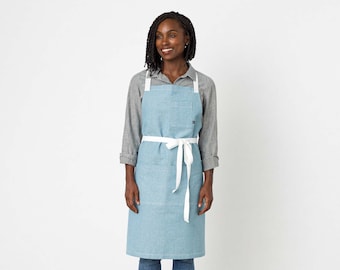 Cross back chef apron for men, women | Powder Blue cotton canvas with White Straps | For kitchen, baking, bbq | With pockets | Pro Quality