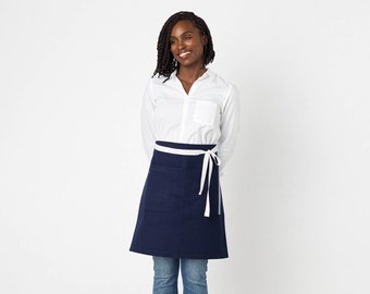 Bistro server half apron for women, men | Navy Blue canvas with White Straps | Waist style for waitress, waiter | Restaurant professional