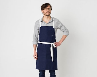 Cross back chef apron for men, women | Navy blue cotton canvas with White Straps | For kitchen, baking, bbq | With pockets | Plus sizes too