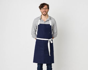 Apron for Man or Woman | Navy Blue with White Straps | 100% Cotton Canvas | Hand Loomed | Pockets | Kitchen, Restaurant, Professional