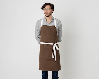 Cross back chef apron for men, women | Dark Brown cotton canvas with White Straps | For kitchen, baking, bbq | With pockets | Plus sizes too