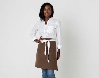 Bistro server half apron for women, men | Dark Brown canvas, White Straps | Waist style for waitress, waiter | Restaurant pros |