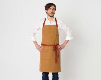 Ochre Brown Kitchen apron for women, men w/pockets | Adjustable Red Straps | Chefs, bakers, and baristas | Hand-loomed, cotton canvas | Pro