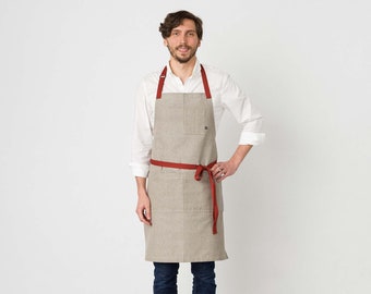 Tan Kitchen apron for women, men w/pockets | Adjustable Red Straps | Chefs, bakers, and baristas | Hand-loomed, cotton canvas | Professional