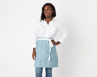 Bistro server half apron for women, men | Powder Blue canvas with White Straps | Waist style for waitress, waiter | Restaurant professional