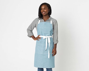 Chef Apron for Woman or Man | Powder Blue with White Straps | 100% Cotton Canvas | Hand Loomed | Pockets | Kitchen, Restaurant, Professional