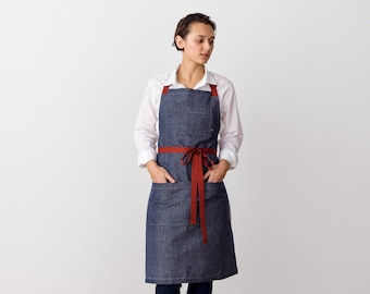 Chef Apron Blue Denim with Red Straps and pockets | Hand Loomed | 100% Cotton | Men, Women | Kitchen, Restaurant, Professional