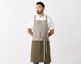 Cross Back Apron | Olive Green and Tan, 2-Tone | Chefs, kitchen, baking, restaurant | Women or Men | Hand-loomed | pockets | adjustable